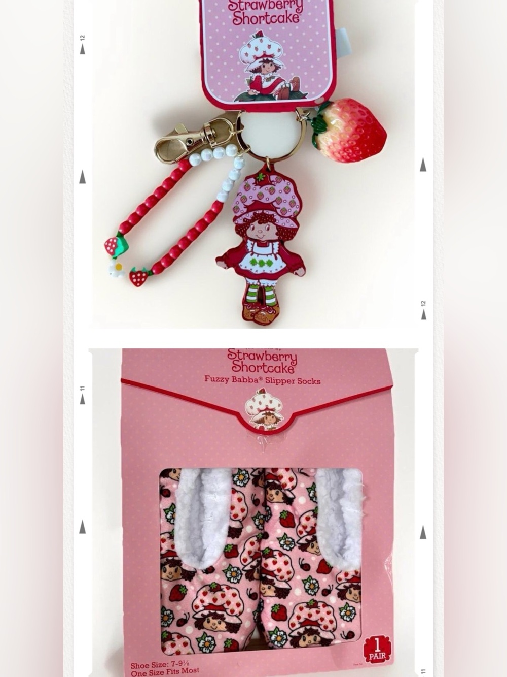 NEW STRAWBERRY SHORTCAKE x FUZZY BABBA SET Bag Charm Keychain Slipper Sock 7-9.5